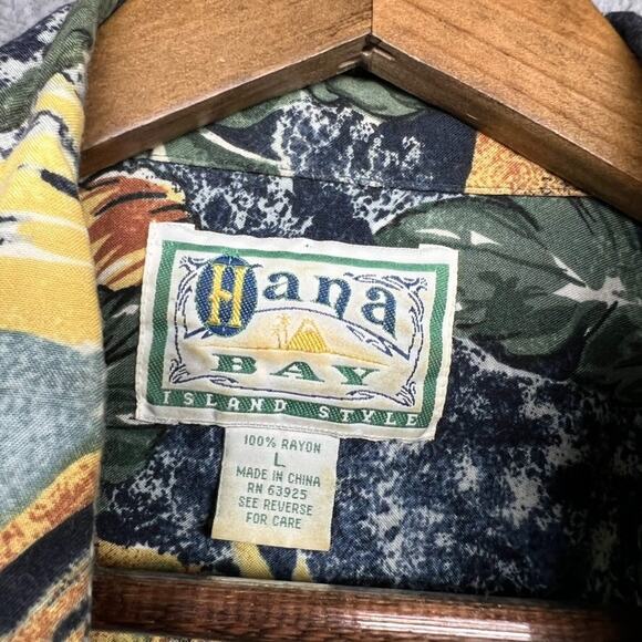 Vintage Ohana Bay Hawaiian Shirt Men's Large Green Yellow Cigar Floral All Over - Picture 5 of 9